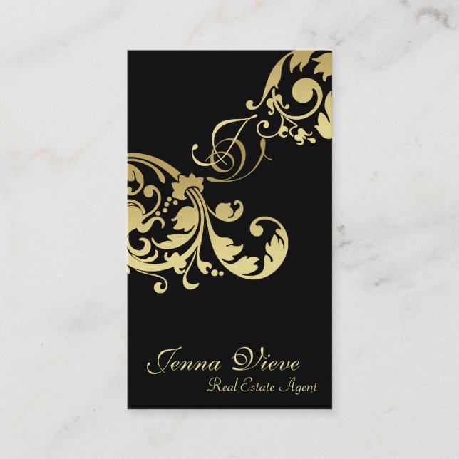 Real Estate Business Card Monogram Black & Gold (Front)