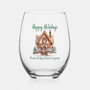 Real Estate Business Christmas Personalized Stemless Wine Glass