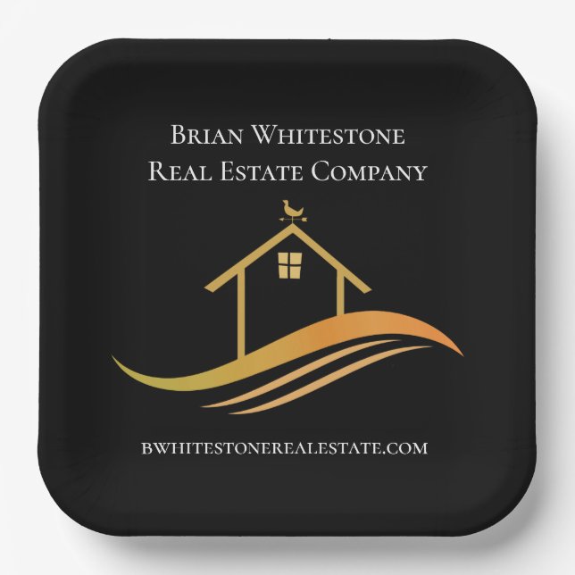 Real Estate Chic Black Gold Custom Open House Paper Plate (Front)