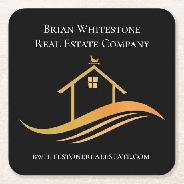 Real Estate Chic Black Gold Custom Open House Square Paper Coaster (Front)