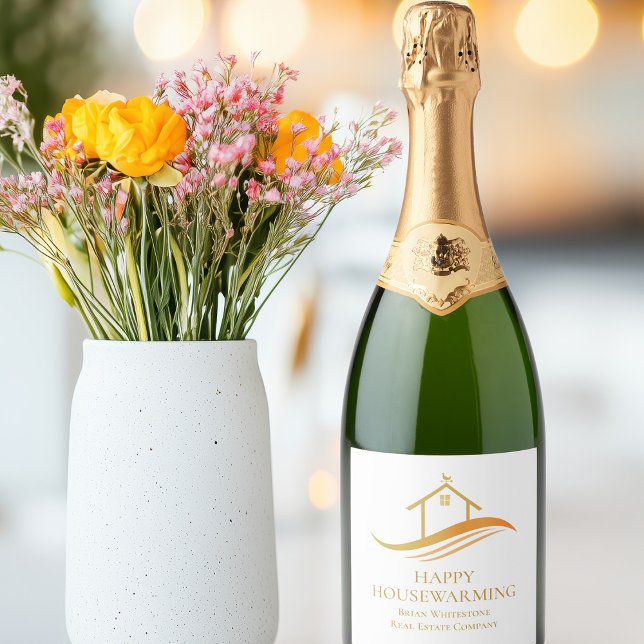 Real Estate Company Gold Happy Housewarming Sparkling Wine Label (Creator Uploaded)
