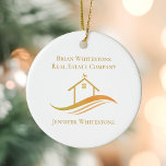 Real Estate Company Gold House Custom Realtor Ceramic Tree Decoration<br><div class="desc">This chic real estate company Christmas ornament is custom made with your realty company and agent name. These elegant gold realtor gift feature a pretty house with a weather vane on top and sleek curves underneath for a professional conference. Personalise this modern business marketing item with your own information.</div>
