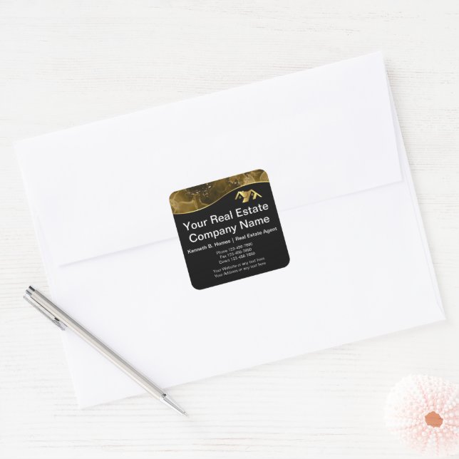 Real estate. Construction. Black Gold Square Sticker (Envelope)