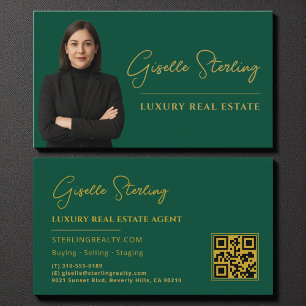 Real Estate Emerald Green Gold QR Code Script Business Card