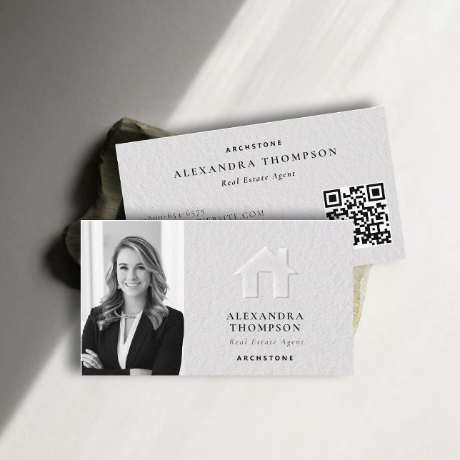 Real Estate Faux Embossed Black White Simple Photo Business Card (real estate professional business card photo qr code black white classy elegant faux embossed luxury)