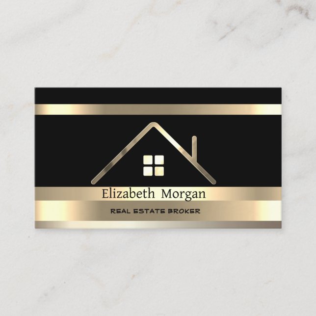 Real Estate  Gold Striped House Roof Black Business Card (Front)