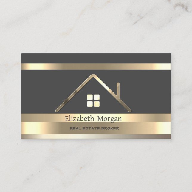  Real Estate  Gold Striped House Roof Grey Business Card (Front)