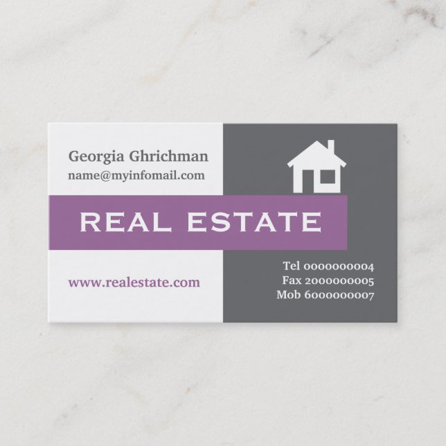 Real estate grey, white, purple eye-catching business card (Front)