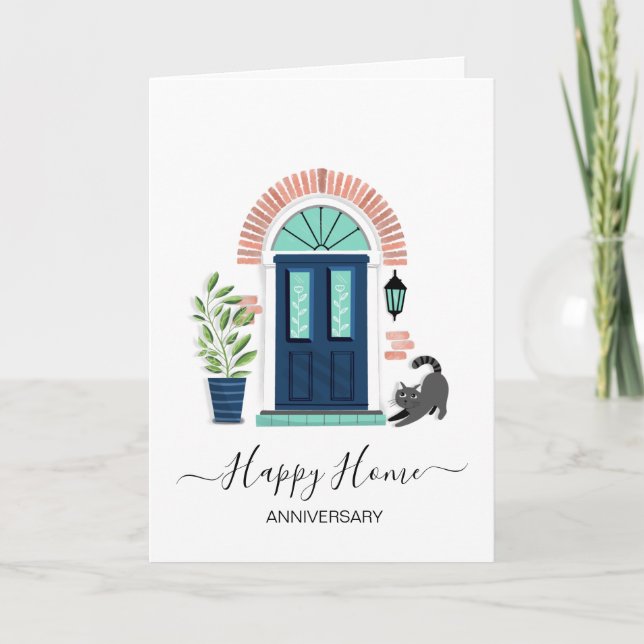 real estate Happy Housiversary Card Blue Door Cat  (Front)