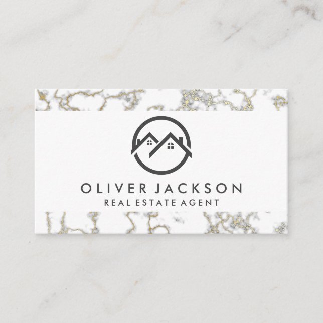 Real Estate Home Icon | Gold Marble Business Card (Front)