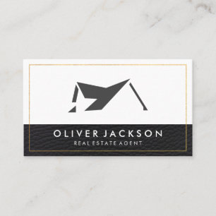 Real Estate Home Icon   Leather Trim Gold Border Business Card