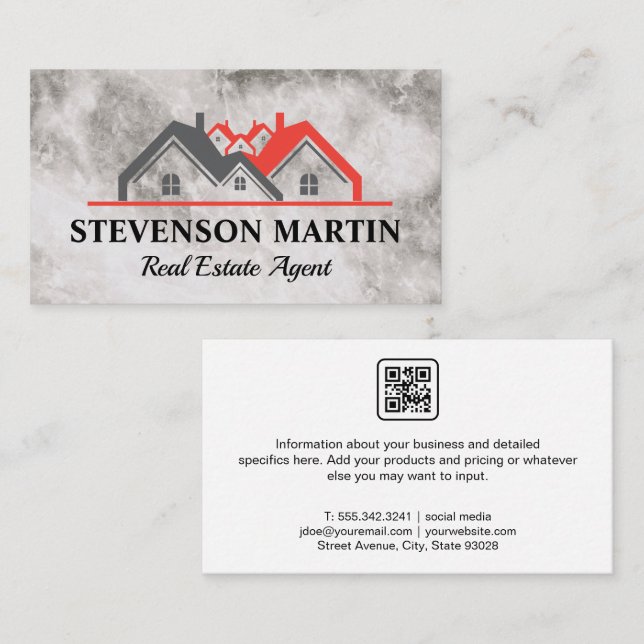 Real Estate Homes Logo | Marble Texture | QR Code Business Card (Front/Back)