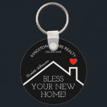 Real Estate House Heart Custom Realtor Business Key Ring<br><div class="desc">A red heart over a new home's roof features the words "Bless This Home!" along with your company name,  phone number and agent's name. CHANGE THE BACKGROUND COLOR to anything - we show black. Personalise this business marketing gift with your own information to congratulate buyers on their new home.</div>