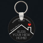 Real Estate House Heart Custom Realtor Business Key Ring<br><div class="desc">A red heart over a new home's roof features the words "Bless Your New Home!" along with your company name, phone number and agent's name. CHANGE THE BACKGROUND COLOR to anything - we show black. Personalise this business marketing gift with your own information to congratulate buyers on their new home....</div>