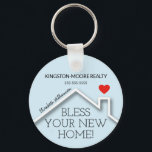Real Estate House Heart Custom Realtor Business Key Ring<br><div class="desc">A red heart over a new home's roof features the words "Bless Your New Home!" along with your company name,  phone number and agent's name. CHANGE THE BACKGROUND COLOR to anything! Personalise this business marketing gift with your own information to congratulate buyers on their new home.</div>