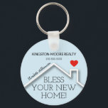 Real Estate House Heart Custom Realtor Business Key Ring<br><div class="desc">A red heart over a new home's roof features the words "Bless Your New Home!" along with your company name,  phone number and agent's name. CHANGE THE BACKGROUND COLOR to anything! Personalise this business marketing gift with your own information to congratulate buyers on their new home.</div>