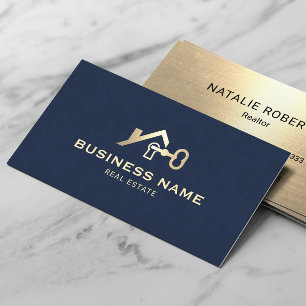 Real Estate House Key Logo Modern Navy Blue Gold Business Card