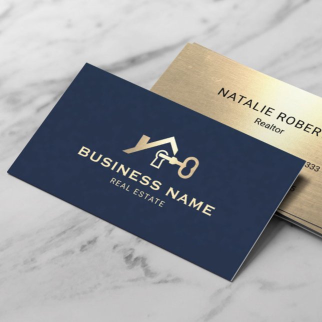 Real Estate House Key Logo Modern Navy Blue Gold  Business Card (Creator Uploaded)