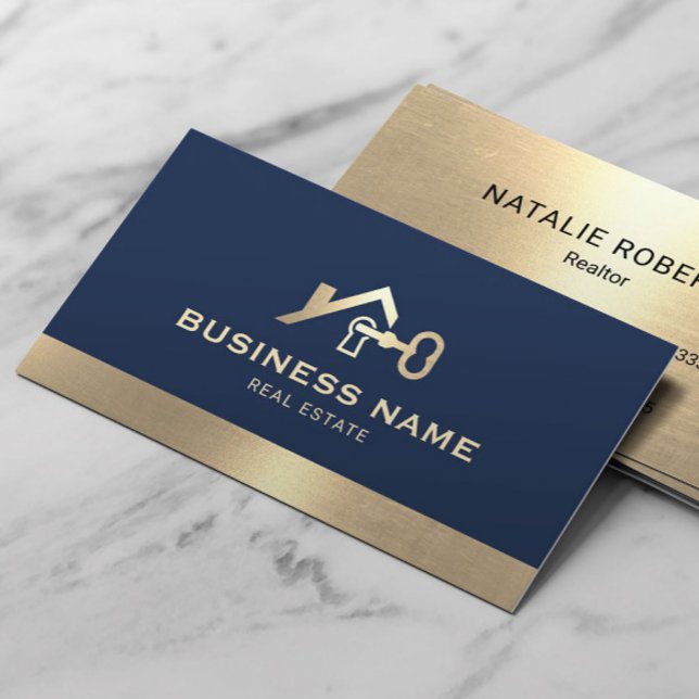 Real Estate House & Key Logo Navy & Gold Realtor Business Card (Creator Uploaded)
