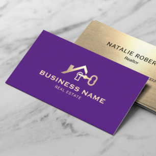 Real Estate House & Key Logo Purple & Gold Realtor Business Card