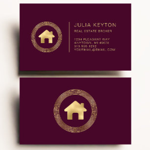 Real Estate House Logo Greek Key Burgundy Gold Business Card