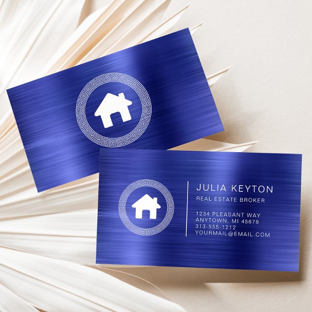 Real Estate House Logo Greek Key Frame Blue White Business Card (Creator Uploaded)