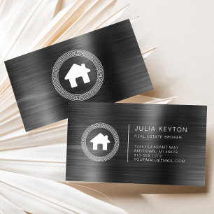 Real Estate House Logo Greek Key Frame Charcoal Business Card