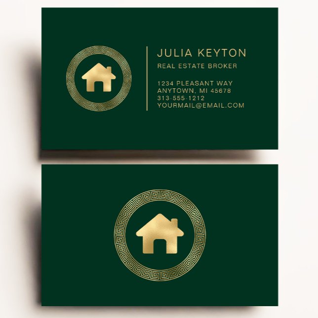 Real Estate House Logo Greek Key Frame Green Gold Business Card (Creator Uploaded)