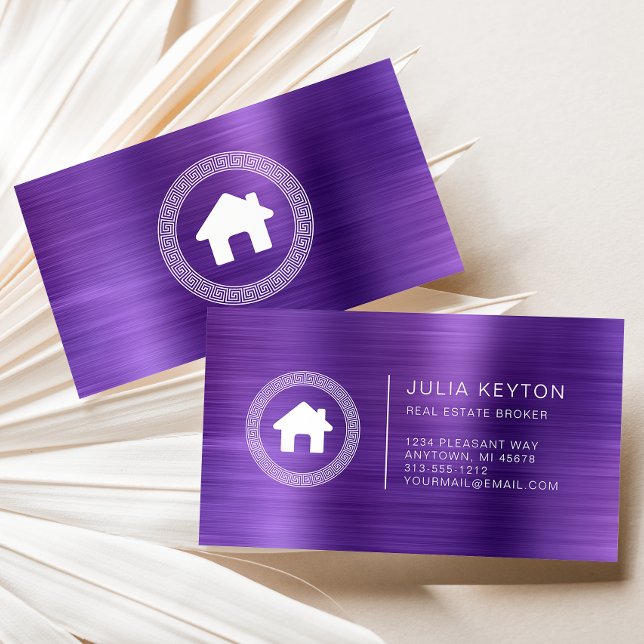 Real Estate House Logo Greek Key Frame Purple Business Card (Creator Uploaded)