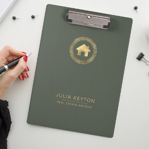 Real Estate House Logo Greek Key Sage Green Gold  Clipboard
