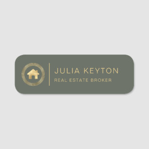Real Estate House Logo Greek Key Sage Green Gold Name Tag