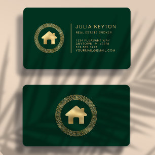 Real Estate House Logo Green Gold Rounded Business Card