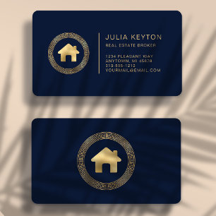 Real Estate House Logo Navy Blue Gold Rounded Business Card