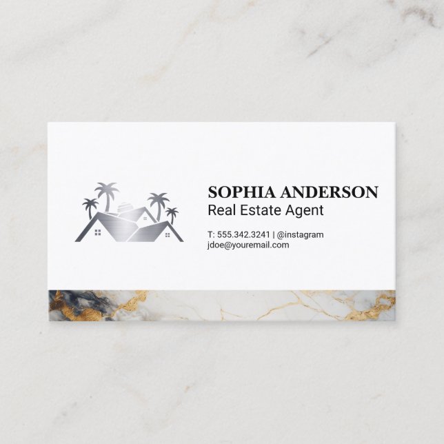 Real Estate House Metallic Logo | Marble Trim Business Card (Front)