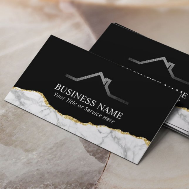 Real Estate House Roof Logo Modern Gold Marble Business Card (Creator Uploaded)