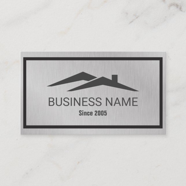 Real Estate House Roof Logo Realtor Metallic  Busi Business Card (Front)