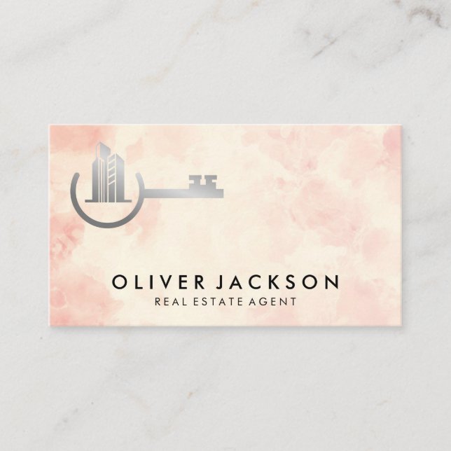 Real Estate Key Logo | Watercolor Background Business Card (Front)