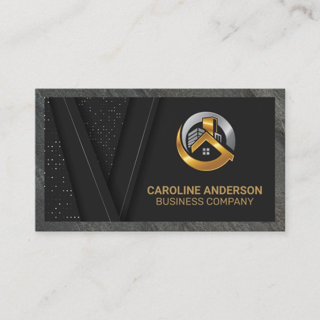 Real Estate Logo | Black Gold Background Business  Card (Front)