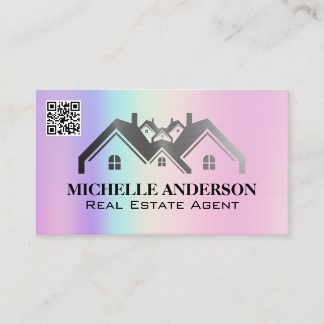 Real Estate Logo | Geometric Holographic | QR Code Business Card (Front)