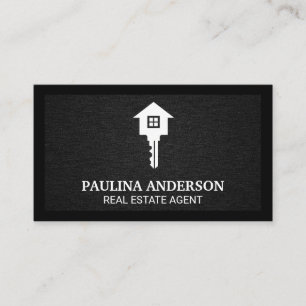 Real Estate Logo Key and Home Black Texture Business Card