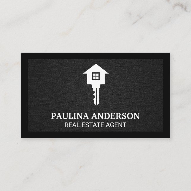 Real Estate Logo | Key and Home | Black Texture Business Card (Front)