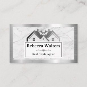 Real Estate Logo Metallic Frame Marble Business Card