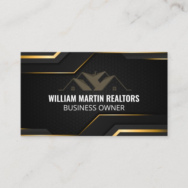 Real Estate Logo | Metallic Gold Geometric Black Business Card (Front)