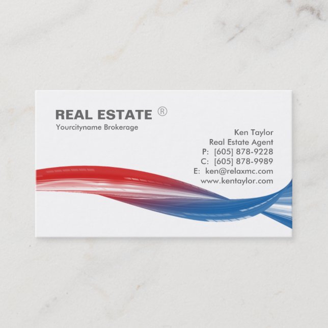 Real Estate Logo Red Blue Swoosh Modern White Business Card (Front)