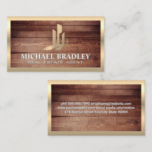 Real Estate Logo Rustic Wood Gold Metal Business Card