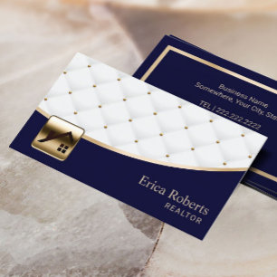 Real Estate Luxury Quilted Modern Navy Gold Agent Business Card