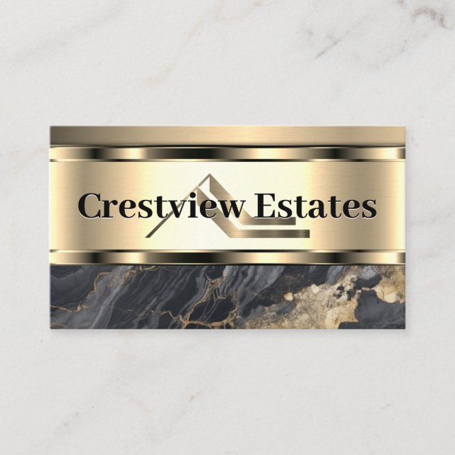Real Estate Metal Gold Logo | Marble Business Card (Front)