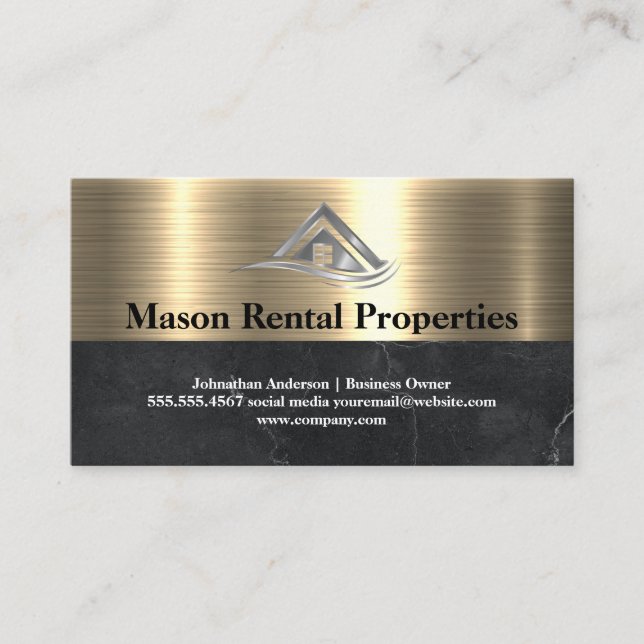 Real Estate Metal Home Logo | Marble Business Card (Front)