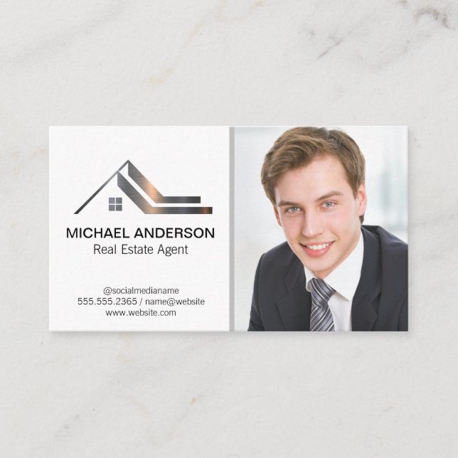 Real Estate Metal Logo | Business Man Business Card (Front)