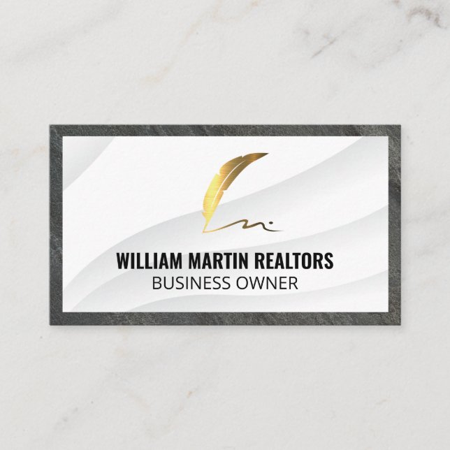 Real Estate Metallic | Gold Feather Pen Business Card (Front)